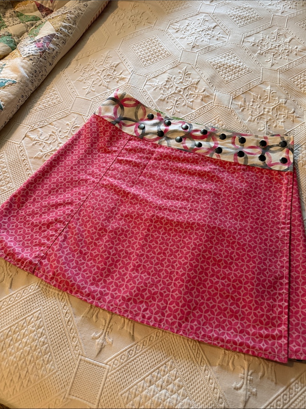 Pink Patterned A-Line Skirt with unique Waistband